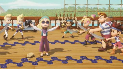 Anarchie auf der Academy | Rechte: © 2024 – Method Animation – Mediawan kids & family Alle Schüler der Pirate Academy stehen auf Deck. Im Kreis haben sie sich mit ihren Schwertern angriffslustig um Elisa gestellt, die in der Mitte mit ausgestreckten Armen in den Himmel schaut.