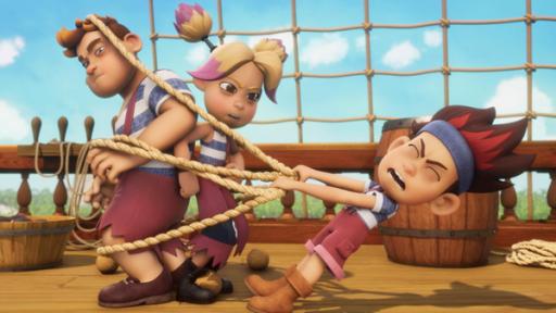 Die Barracudas sind an Deck des Schiffes. Conan und Erika haben sich in einem Seil verfangen. Raul versucht, sie zu befreien.