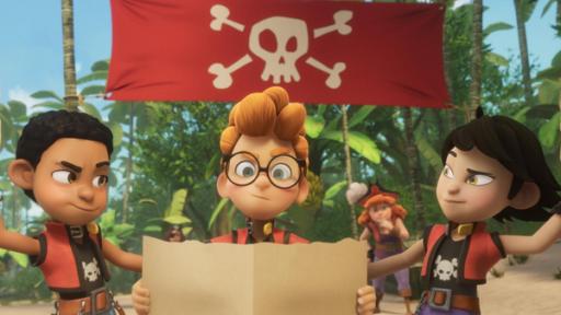 Die Piratenolympiade | Rechte: © 2024 – Method Animation – Mediawan kids & family Am Strand steht Alexander zwischen Finn und Zoe. Alle drei halten jeweils ein Stück einer großen Schatzkarte in den Händen.