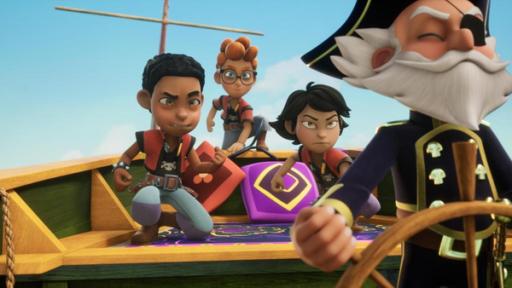 Einauge unbezwingbar | Rechte: © 2024 – Method Animation – Mediawan kids & family Der Einäugige Piet steht am Steuer. Hinter ihm sind zum Kampf bereit Alexander, Finn und Zoe.