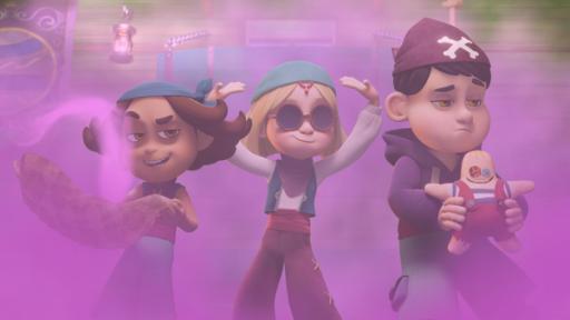 Fauler Zauber | Rechte: © 2024 – Method Animation – Mediawan kids & family Die Seepferdchen stehen nebeneinander unter Deck inmitten von pinkfarbenem Nebel. Sie halten eine Voodoo-Puppe in Gestalt von Conan und tanzen dazu.