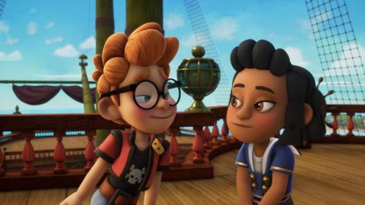 Kampf ums Krähennest | Rechte: © 2024 – Method Animation – Mediawan kids & family Auf Deck des Schulschiffs Galeone stehen sich Alexander und Dolores gegenüber. Alexander schaut Dolores verliebt an und Dolores schaut geschmeichelt Alexander an.