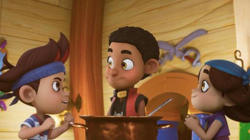 Viel Geschrei um den Brei | Rechte: © 2024 – Method Animation – Mediawan kids & family Raul, Finn und Klaus stehen zusammen um einen Kochtopf herum. Raul und Klaus schauen freundlich zu Finn. Auch Finn lächelt zufrieden.