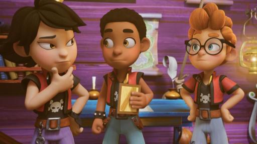 Voll peinlich, oder nicht? | Rechte: © 2024 – Method Animation – Mediawan kids & family In der Bibliothek des Schulschiffs stehen die nachdenkliche Zoe, der etwas unsichere Finn und der auf Finn blickende Alexander nebeneinander. Finn hat einen Bilderrahmen in der Hand und gesteht, dass darin ein Bild seiner Mutter ist.