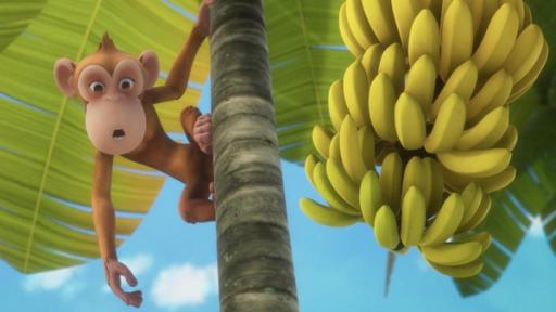 Was für ein Affentheater | Rechte: © 2024 – Method Animation – Mediawan kids & family Seitlich am Stamm einer Bananenstaude hält sich ein Affe mit den Füßen und einer Hand fest. Er schaut interessiert nach unten.