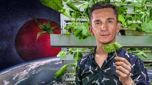 PUR+ - Teaser - Ernährung der Zukunft | Rechte: Imago, Colourbox, ZDF, Collage Fotomontage: Im Vordergrund rechts steht Eric Mayer. Er schaut interessiert und hält ein grünes Blatt in seiner linken Hand. Im Hintergrund ist das Weltall mit einer großen Erdkugel zu sehen. Über der Erdkugel schwebt eine riesige, rote Tomate. Hinter Eric steht ein vertikales Gemüsebeet, dass mit grünen Pflanzen bestückt ist.