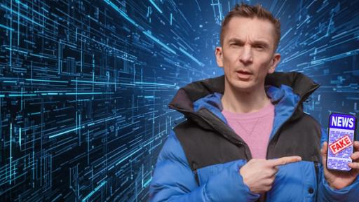 PUR+ - Teaser - MT25 - Fake News - KI | Rechte: Collage: ZDF/KI-generiert Eric trägt eine blaue Daunenjacke und darunter einen rosafarbenen Pulli. Er hält ein Smartphone in seiner linken Hand. Auf dem Display sieht man das Wort "News" und darüber ist ein roter Fake-Stempel.