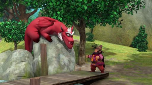 Derke unter Hypnose | Rechte: © 2021 – Method Animation – ZDF, ZDF Studios, KidsMe Perdigan (r.) hat den Drachen Derke (l.) hypnotisiert. Er folgt blind seinen Befehlen.