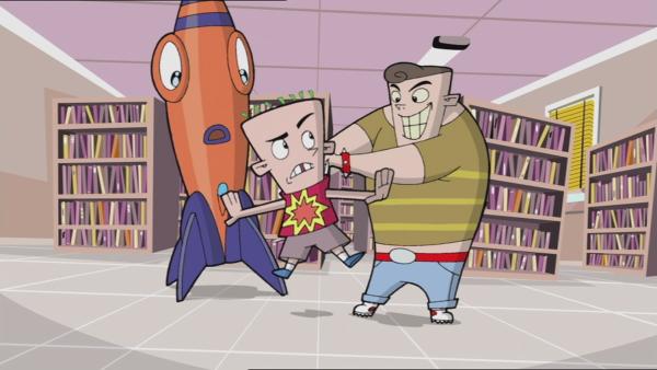 Rocket und Vinnie Q in einer Bücherei. 