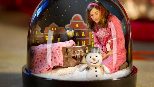 Rudi in der Schneekugel Bühne L | Rechte: ZDF Rudi, Koffer, Schneemann und Frau Siebenstein sitzen in einer Schneekugel