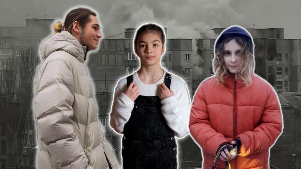 Eine Fotomonatge. Die Bilder von Ivan, Arina und Taisiya sind jeweils eingefügt. Der Hintergrund ist ein gegrautes Stadtbild. Aus den Häusern steigt Rauch.