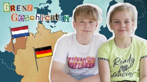 Grenzgeschichten: Mieke und Martines - Mit einem Fuß in Holland | Rechte: hr Junge und Mädchen sitzen nebeneinander. Im Hintergrund ist eine Landkarte mit Holland und Deutschland eingezeichnet.