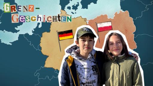 Grenzgeschichten: Wiktor und Mel | Rechte: hr Ein Junge und ein Mädchen stehen nebeneinander. Im Hintergrund ist eine Landkarte mit Deutschland und Polen eingezeichnet.