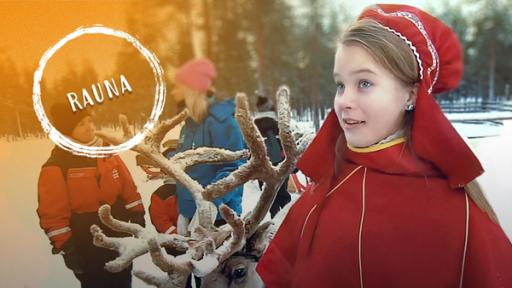 Rauna und ihre Rentiere | Rechte: hr Rauna trägt einen roten finnischen Trachtenmantel sowie eine rote Haube. Im Hintergrund, ist eine Schneelandschaft und ein Rentier mit schneebedecktem Geweih zu sehen.