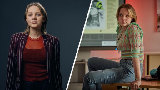 Collage: Jules des Groote neben ihrer Schloss-Einstein-Rolle Julia Sponer 