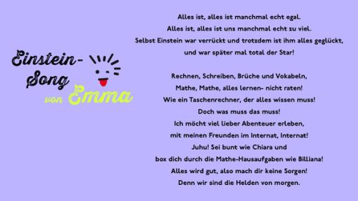 Der Einstein-Songtext von Emma auf einem bunten Hintergrund.
