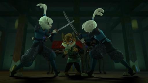 Usagi kämpft mit einem Schwert mit seinem Doppelgänger. Die Schwerter treffen sich in der Mitte. Unter den überkreuzten Schwertern steht Kitsune, die verängstigt nach oben zu den Schwertern guckt.