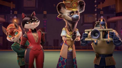 Rechte: ZDF/2022 Usagi Productions LLC. All Rights Reserved Von links nach rechts stehen Kitsune, Chizu und Lord Kogane im Dojo. Er spricht dort mit der Presse. Eine Kamera zeichnet alles auf.