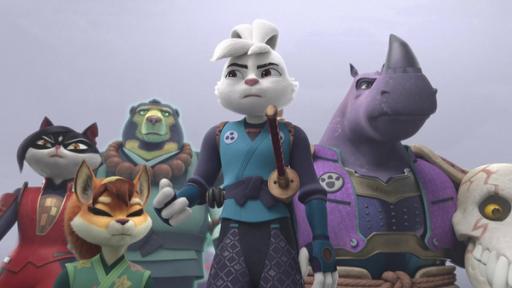 Von links nach rechts sieht man Chizu, Kitsune, Tetsujin, Usagi und Gen. In seinem Arm hält Gen den Kopf von O-Dokuro, dem Skellet-Yokai. Das ganze Team schaut ernst und entschlossen.