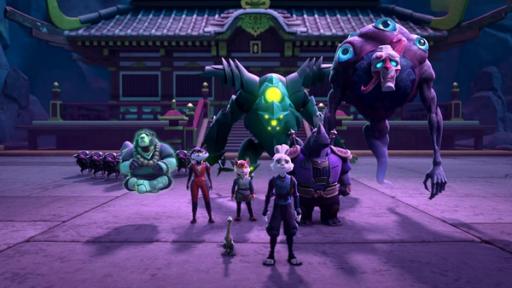 Rechte: ZDF/2022 Usagi Productions LLC. All Rights Reserved Von links nach rechts stehen die Fledermäuse-Schwadron, Tetsujin, Chizu, Spot, Kitsune, der Makkine-Roboter Kiyoko, Gen und Kagehito. Vorne in der Mitte steht Usagi. Die Gesichter des Teams sind entschlossen, ernst und auch ängstlich.