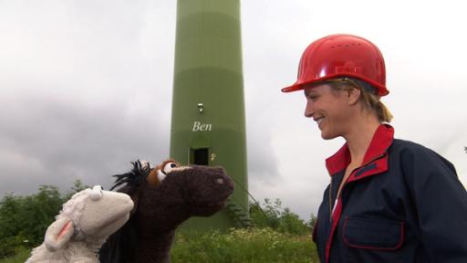 98. Strom mal anders | Rechte: NDR - screenshot Wolle, Pferd und Julia im Windpark.