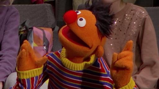 Ernie und Bert in der Elbphilharmonie | Rechte: NDR/Sesame Workshop Ernie dirigiert das Publikum beim Jubiläumskonzert der Sesamstraße in der Elbphilharmonie.