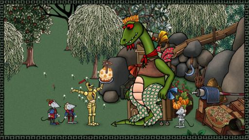Dragon hat Geburtstag | Rechte: SWR, SWR Mäuse und ein Ritter reichen einem Drachen eine Geburtstagstorte