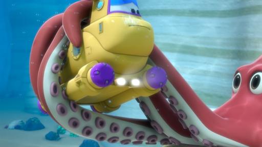 Rechte: KiKA/FunnyFlux/QianQi/EBS/CJ E&M Das U-Boot, in dem Jett und Ayesha sind, wird von einem riesigen Oktopus festgehalten.