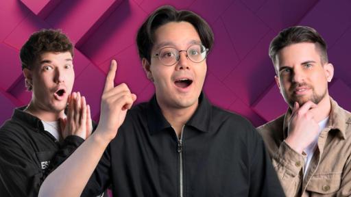 Tanoshii: Die Creators Ferus und The Zero of Time schauen grübelnd und erstaunt in die Kamera, während Moderator Raafey einen Zeigefinger zu einer Aha-Geste hebt. 