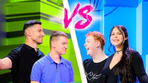 Harut vs. Valena Battle 14 | Rechte: ZDF / Flow Media Tanoshii: Harut und David stehen sich Gabriel und Valena in einem Splitscreen gegenüber.
