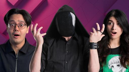 Mahluna vs. Drawinglikeasir | Rechte: ZDF / Flow Tanoshii: Raafey und Mahluna stehen mit erstaunten Gesichtern und weit aufgerissenen Augen im Studio, in der Mitte steht eine Person mit schwarzer Kapuze und einer dunklen Gesichtsmaske.