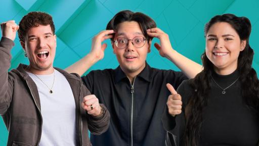 Valena vs. TheZeroOfTime | Rechte: ZDF / Flow Media Tanoshii: Die Creatros TheZeroOfTime und Valena mit Moderator Raafey im Tanoshii-Studio.