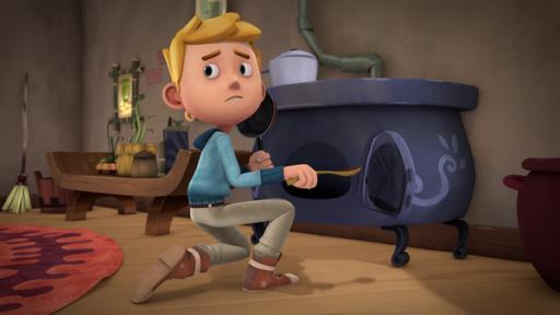 Rechte: KiKA/Flying Bark Productions Pty Ltd. Jack hält einen Holzlöffel in der einen und eine Pfanne in der anderen Hand. Er hockt vor dem Ofen und schaut fragend nach hinten.