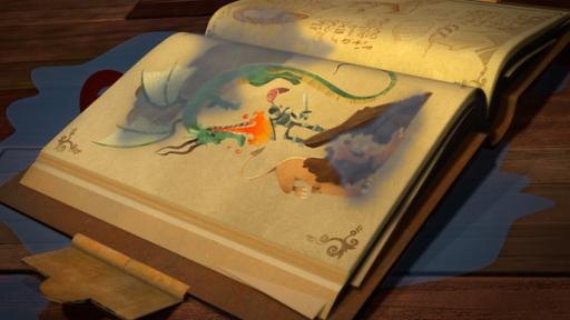 Rechte: KiKA/Flying Bark Productions Pty Ltd. Auf dem Tisch liegt das Buch der Sagen. Es ist aufgeschlagen und man sieht ein mit Wasser verwaschenes Bild mit einen Ritter, der gegen einen feuerspeienden Drachen kämpft.