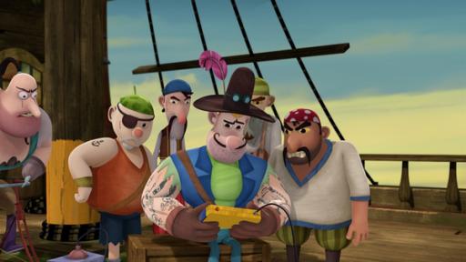 Rechte: KiKA/Flying Bark Productions Pty Ltd. Sechs Piraten sind auf dem Deck ihres Schiffes. Ein Pirat hält Jacks Videospiel in der Hand, die anderen schauen zu.