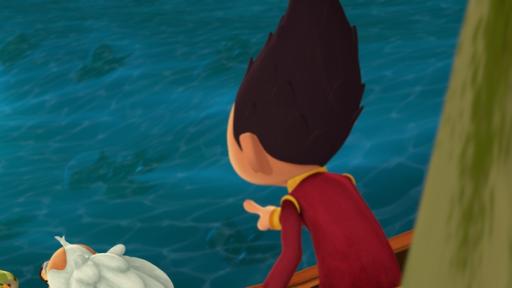Rechte: KiKA/Flying Bark Productions Pty Ltd. Tashi hat den Weltraumdiamanten im Meer entdeckt. Er, Meister Dao und Jack schauen von ihrem Boot herab.