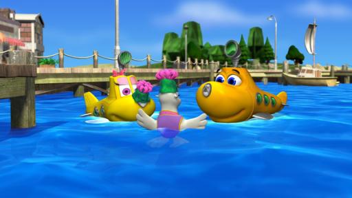 Rechte: KiKA Die U-Boote Bess und Timmy sind zusammen mit einer Robbe an der Wasseroberfläche. Hinter ihnen ein Bootssteg.
