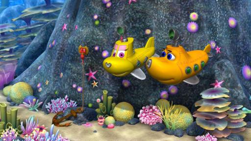Rechte: KiKA Die beiden gelben U-Boote Bess und Timmy tauchen in einer bunten Unterwasserwelt und schauen freudig.