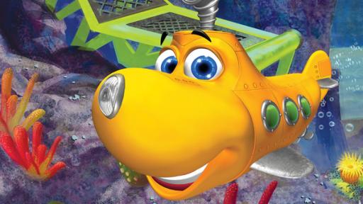 Das gelbe U-Boot Timmy in einer bunten Unterwasserwelt. Es schaut fröhlich und lächelt.