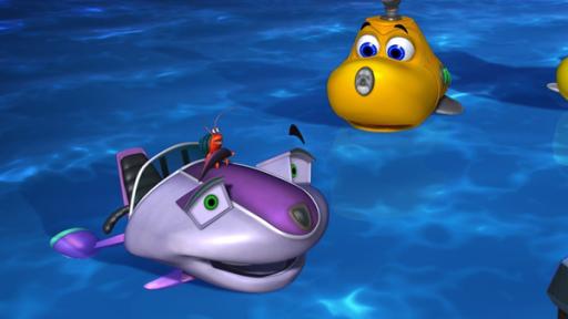 Rechte: KiKA Links erzählt Transport-Scooter Skid von seinen Taten. Rechts daneben schauen die beiden U-Boote Timmy und Bess mit genervtem Blick zu ihm.