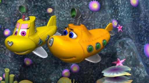 Rechte: KiKA Die gelben U-Boote Timmy und Bess tauchen am Meeresgrund.
