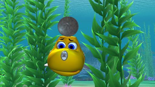 Das gelbe U-Boot Timmy taucht zwischen hohen Seegras und schaut mit leicht besorgtem Blick.
