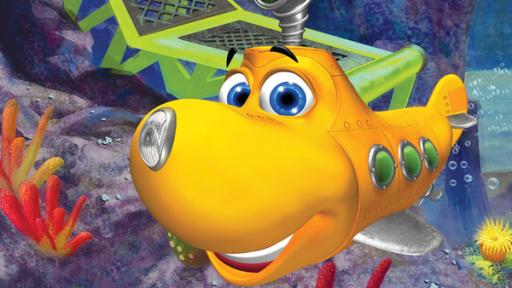 Das U-Boot Timmy taucht in einer bunten Unterwasserwelt und schaut fröhlich.