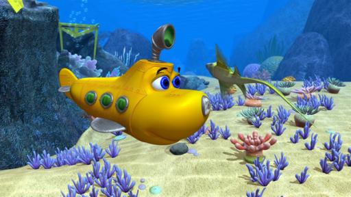 Rechte: KiKA/Mike Young Prod. Das gelbe U-Boot Timmy schwimmt in einer blauen Unterwasserwelt und schaut mit großen freundlichen Augen einen kleinen Fisch an, der vor ihm schwimmt.