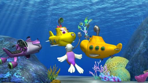 Rechte: KiKA/Mike Young Productions Skid, die Robbe Roberta, Timmy und Bess schwimmen unter Wasser zur Party von Opa Claudius.