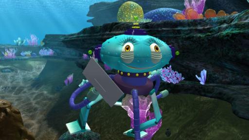 Rechte: KiKA/Mike Young Productions Der Unterwasserroboter UMA ist auf dem Meeresboden unterwegs und schaut mit großen freundlichen Augen.