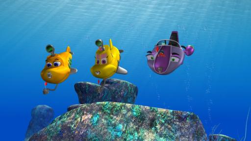Rechte: KiKA/Mike Young Prod. Die zwei gelben U-Boote Timmy und Bess und Transport-Scooter Skid tauchen in der blauen Unterwasserwelt.