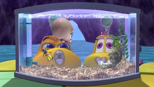 Rechte: KiKA/Mike Young Productions Die beiden U-Boote Timmy und Bess beobachten einen Babykraken in einem Aquarium. Ihre Gesichter sind dabei ganz nah an der Glasscheibe.