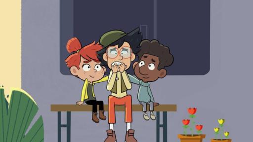 Taylor, Max und Tommy sitzen auf einer Bank. Max hält panisch die Hände vor den Mund. Taylor und Tommy legen beruhigend lächelnd die Hände auf seine Schultern.