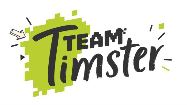 Der Schriftzug Team Timster in schwarz vor einem helllgrünen Klex und einem weißem Hintergrund